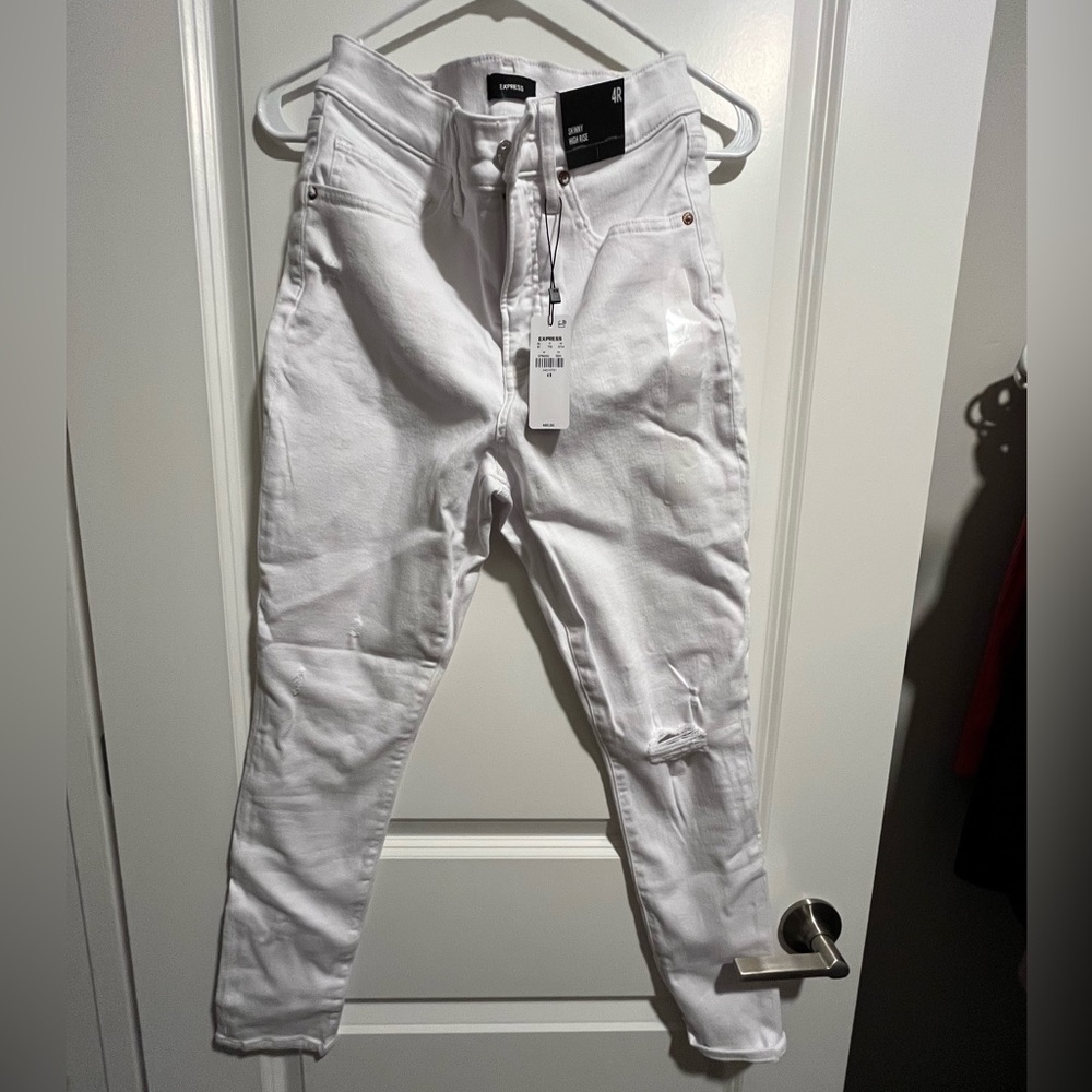 Express White High Waisted Ripped Skinny Jeans